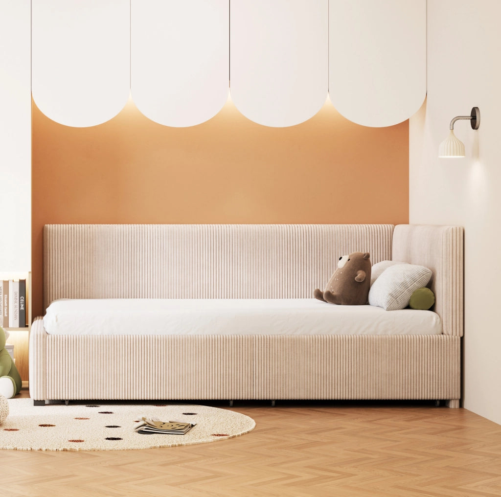 Divano letto classico in velluto; 90x200 cm; con 2 cassetti contenitore; beige