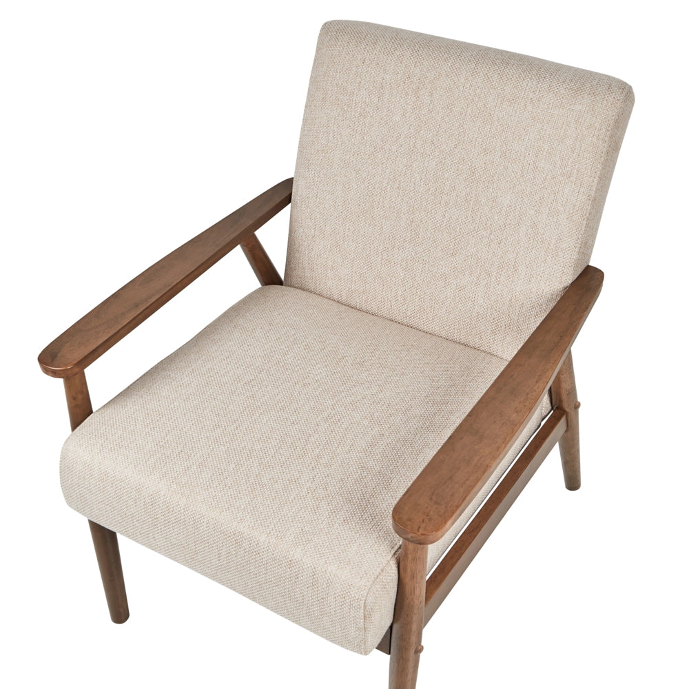 Poltrona da salotto con rivestimento in tessuto beige con struttura in legno stile retrò