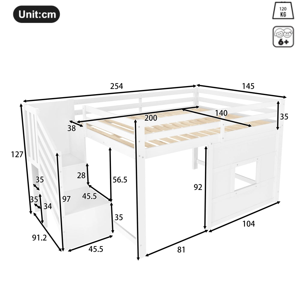 Letto a Soppalco 140x200 cm con Scala Contenitore; Finestra e LED - Bianco
