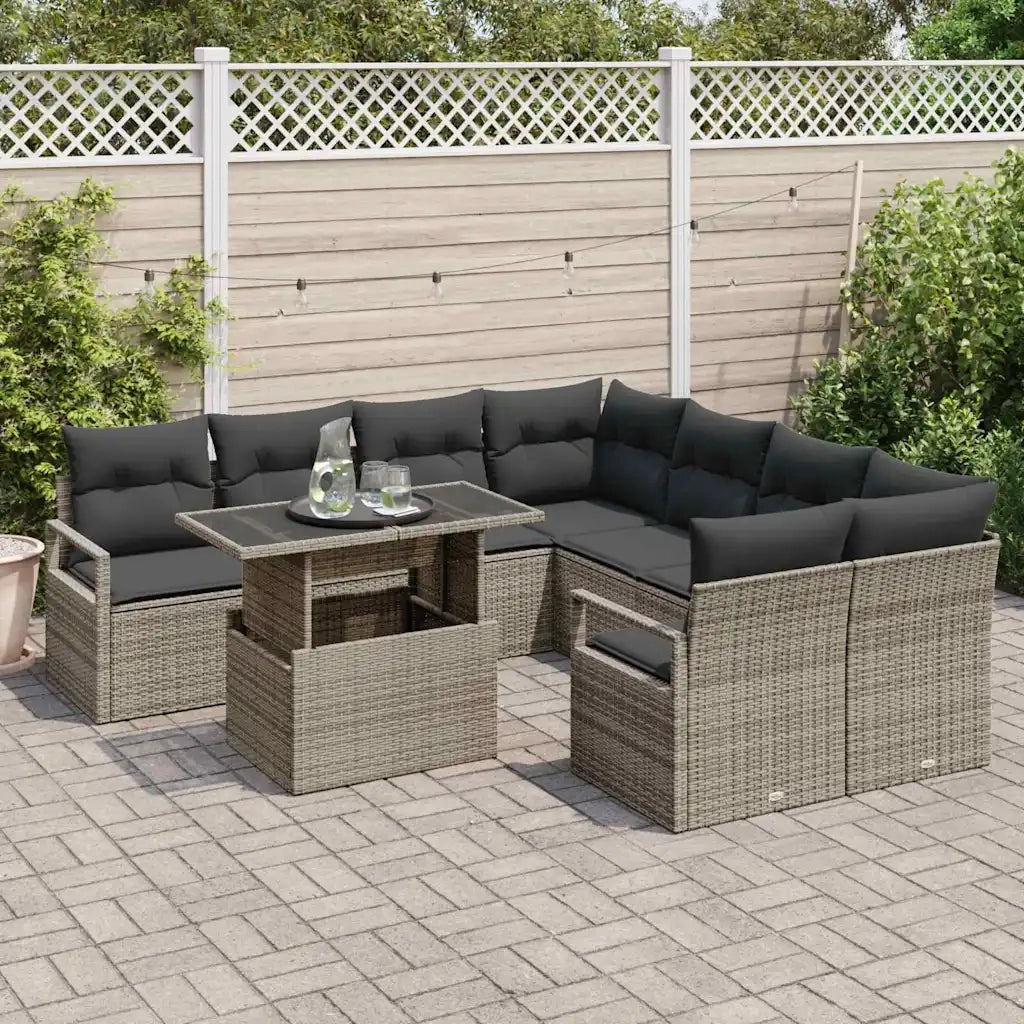 Set Divano da Giardino con cuscino 9 pcs Grigio Poly Rattan