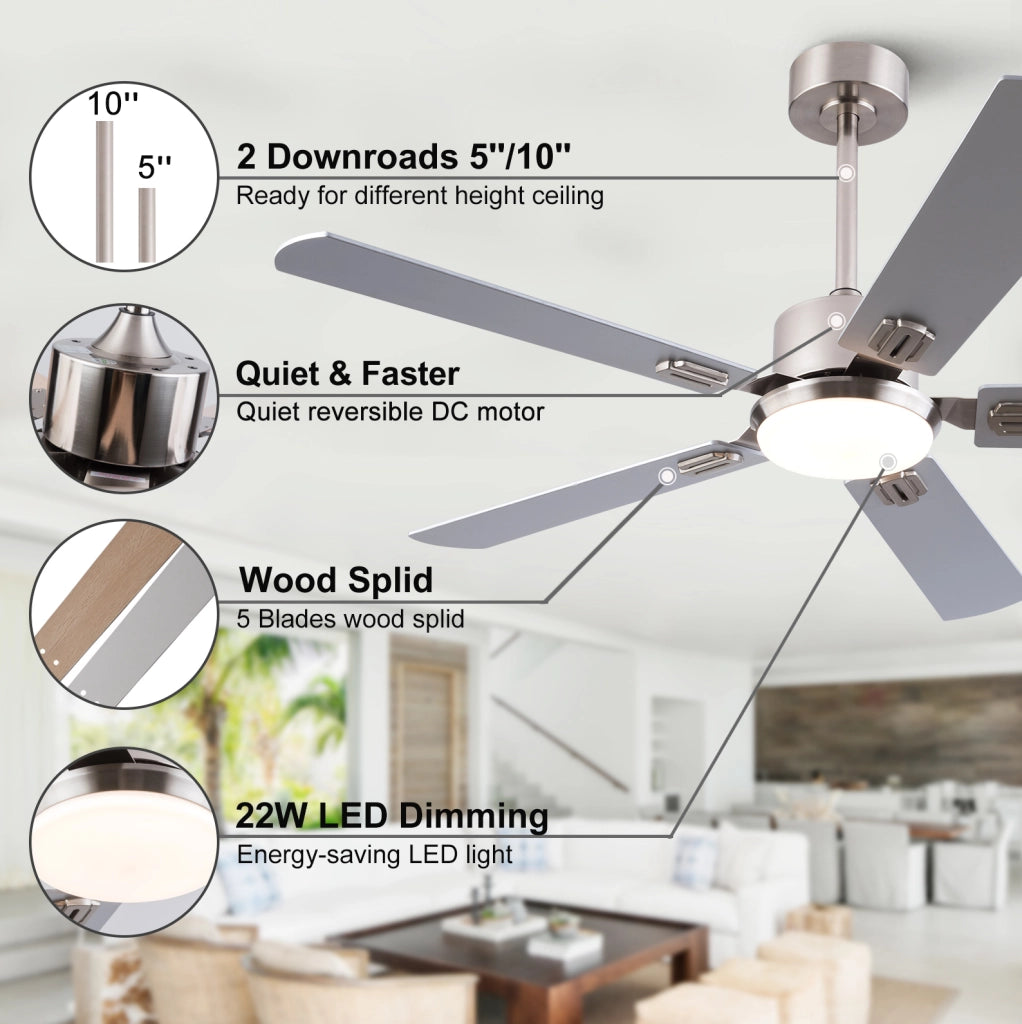 Ventilatore da soffitto con luce e telecomando, 6 velocità, dimmerabile, metallo e legno, nichel