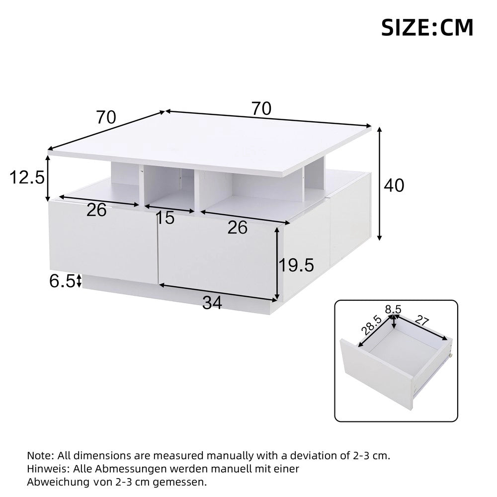 Tavolino da Caff¨¨ con LED e 4 Cassetti ¨C MINIMAL ¨C Bianco Lucido, Design Geometrico 70x70x40