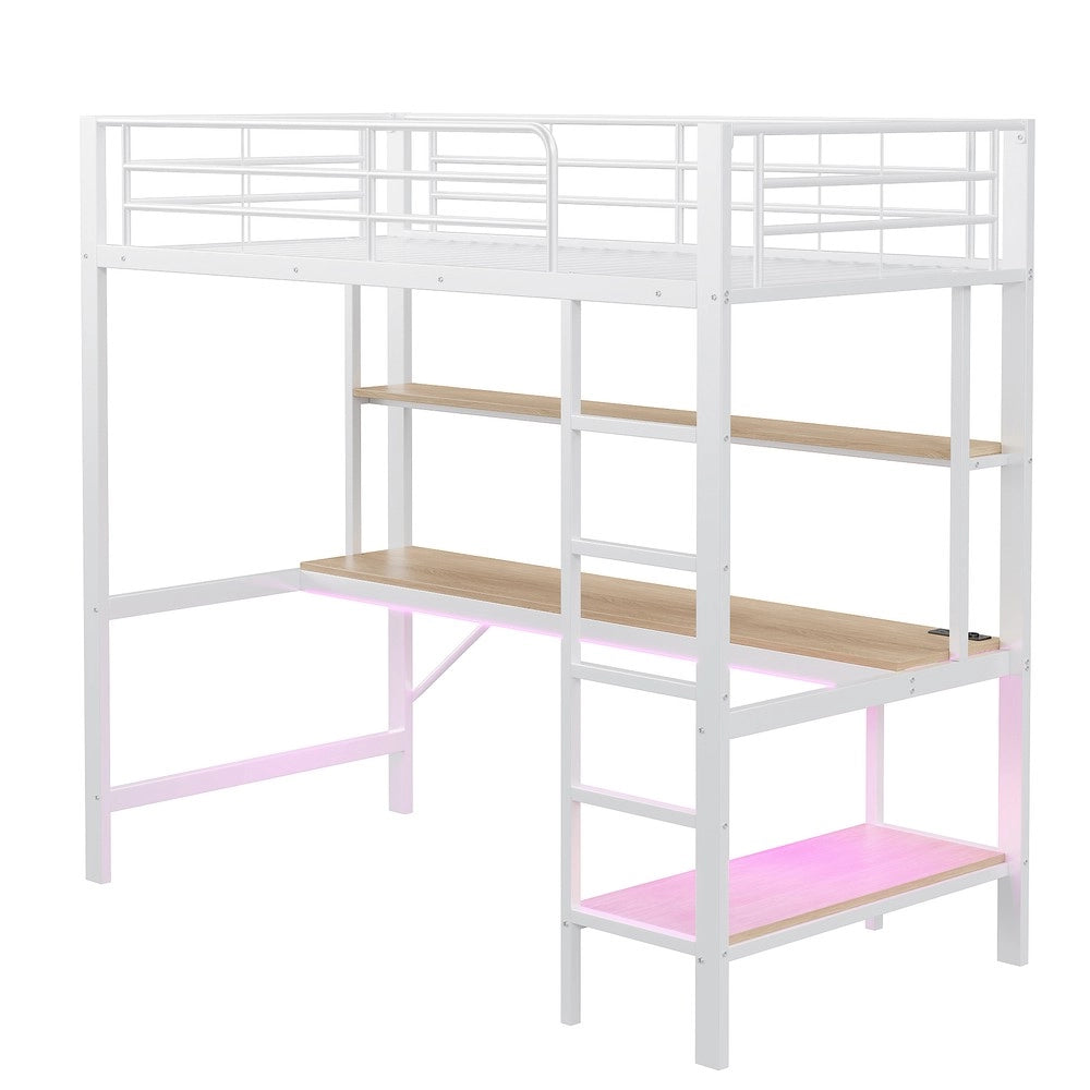 Letto a Soppalco con Scrivania, LED e USB ¨C MINIMAL ¨C Metallo Bianco 90x200