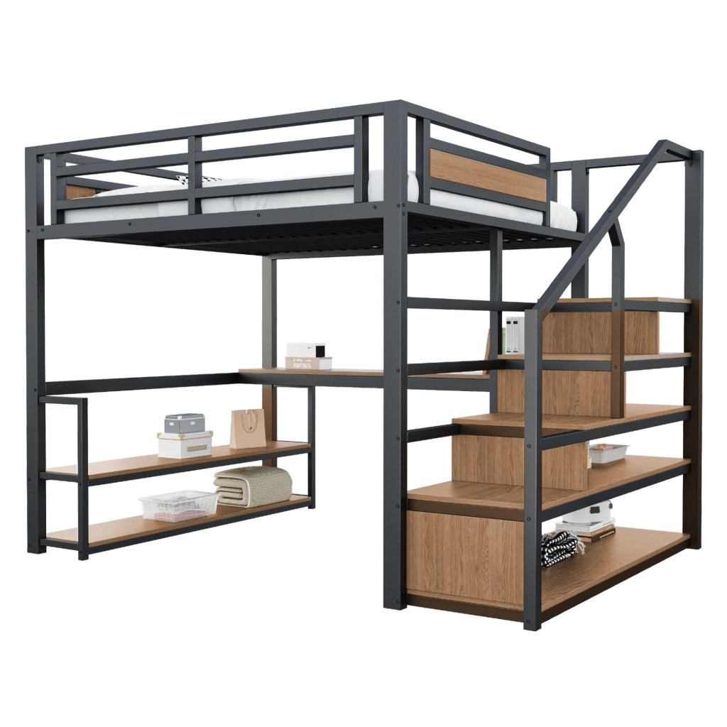 Letto a castello metallico nero con funzione contenitiva e tavolo dimensioni 140x200 cm