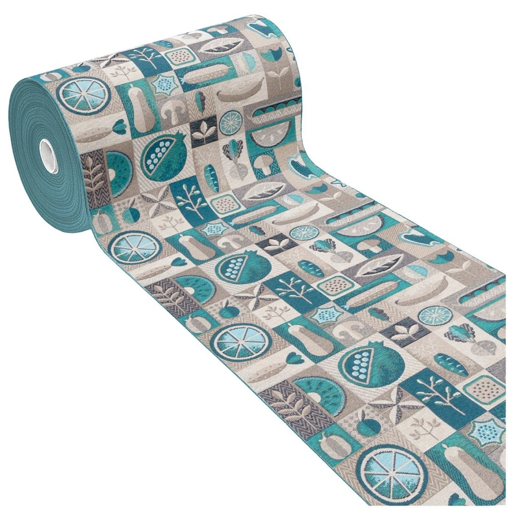 Tappeto Cucina Assorbente Bordato Antiscivolo Frutta e Verdura Passatoia Lavabile 52x80 Cm Blu