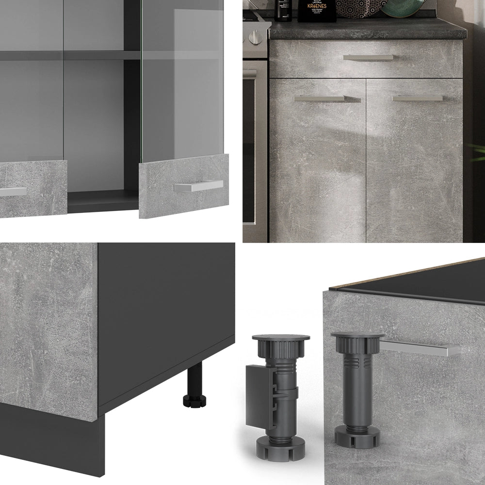 Cucina componibile R-Line Calcestruzzo/Antracite 200 cm senza piano di lavoro Vicco