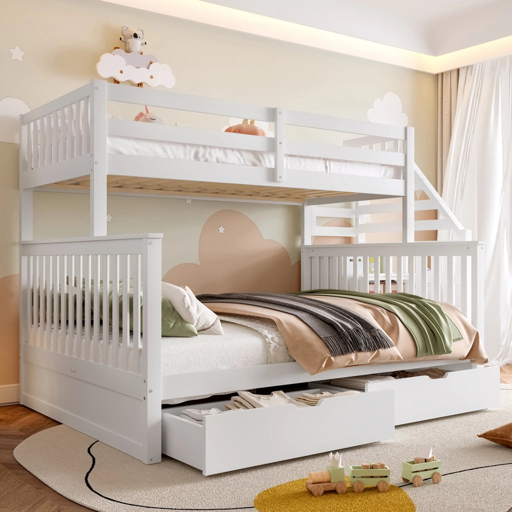 OKWISH Letto a Castello 90×200 cm e 140×200 cm, Letto 3 Posti con 2 Cassetti, Spazio Contenitore e Scala, senza Materasso, Bianco