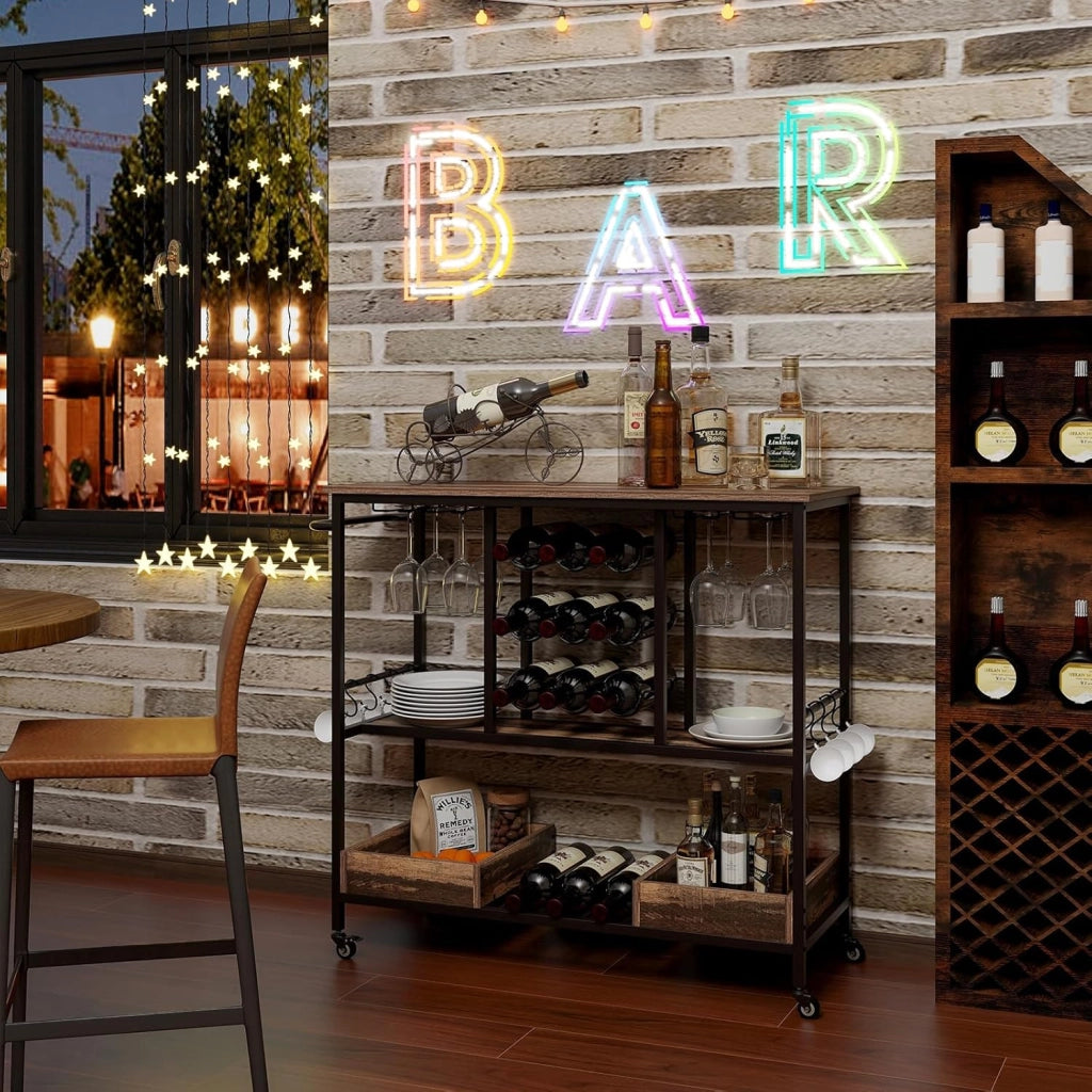 Carrello da Cucina con Ruote, Carrello di Servizio con Portabottiglie, Portabicchieri Ganci, Carrello Portaoggetti a 3 Ripiani per Bar, Casa, Cucina, 108 x 40 x 91 cm (Grigio)