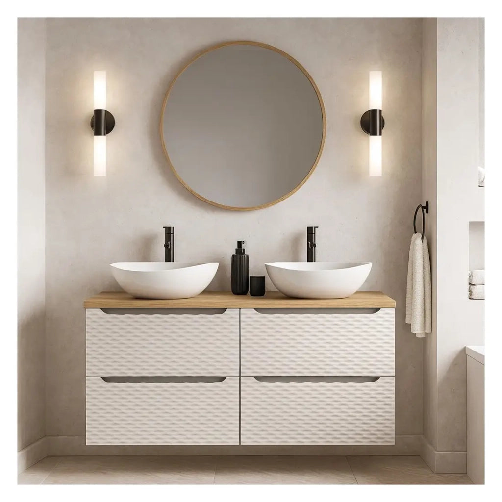 Set da bagno YOKA beige: 2 mobili sotto lavabo 60 cm + piano per lavabo + 2 lavabi
