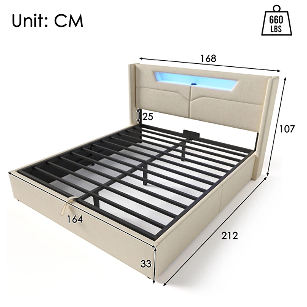 Letto matrimoniale a LED - Xylo - 160x200cm - Beige - Con funzione di ricarica USB