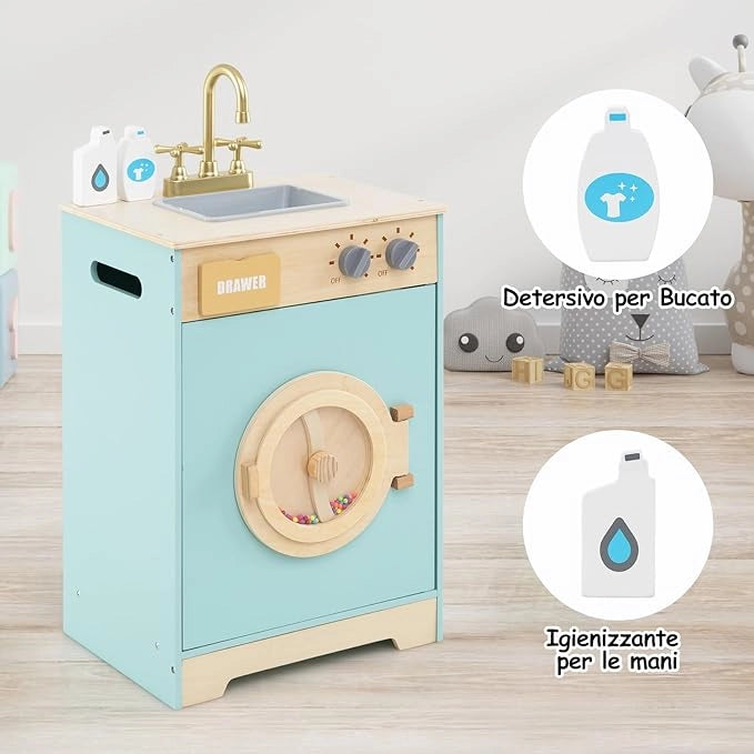 Set di Gioco Lavatrice per Bambini, Giocattolo Lavatrice con Detersivo e Igienizzante per le Mani, Set in Legno con Lavabo, Cassetto e Ruota Rotante, Regalo per Bambini dai 3+ Anni