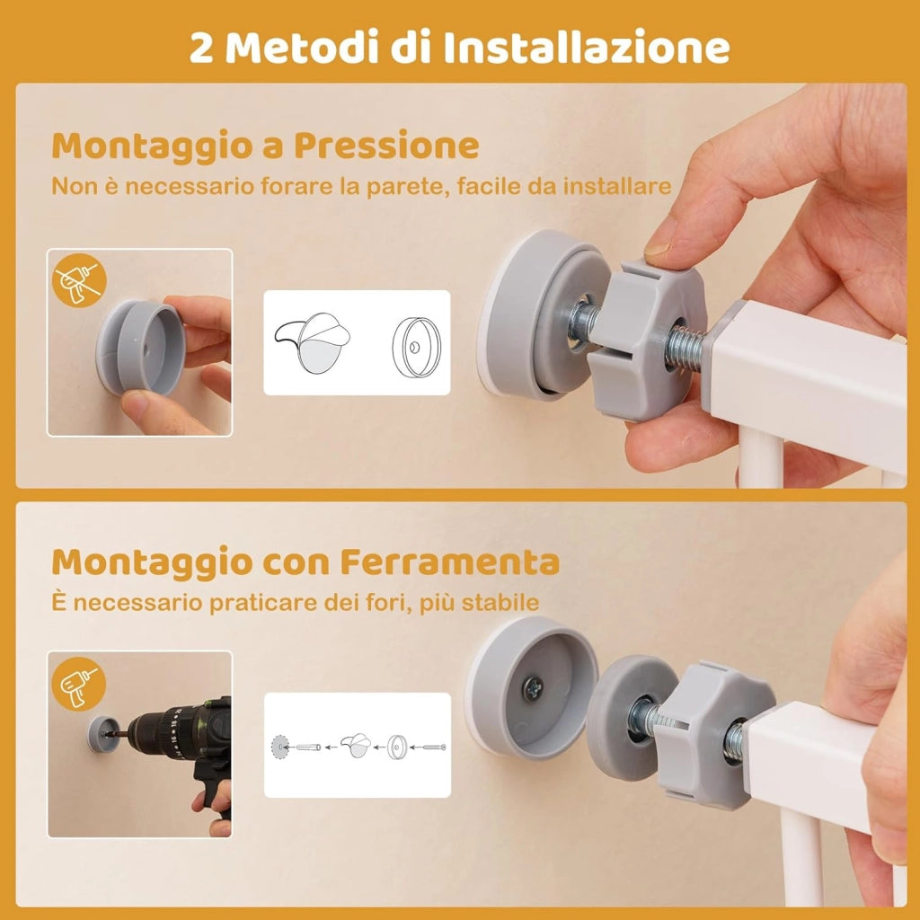 Cancelletto per Cani per Aperture 74-104 cm, Cancello per Cani con Porta Piccola, 2 Estensioni e Doppio Blocco, Cancelletto in Metallo da Interno per Cucina, Scale e Soggiorno (Bianco)
