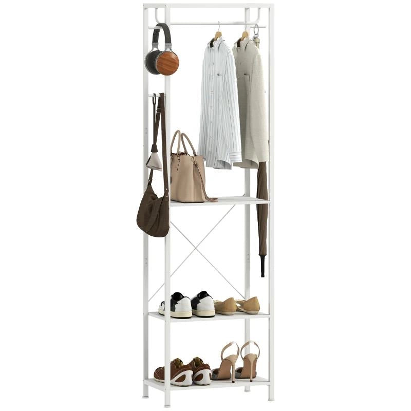 APPENDIABITI CON SCARPIERA A 2 LIVELLI, BARRA APPENDI ABITI, 4 GANCI, MENSOLA SUPERIORE, 52X30X180 CM, BIANCO