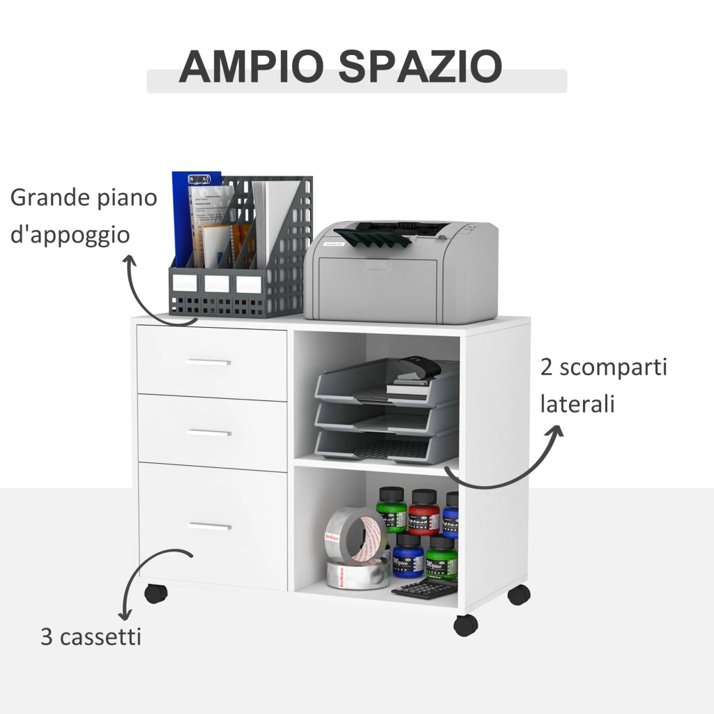 EasyComfort Mobile Porta Stampante con 3 Cassetti in Legno, Mobile Ufficio Multiuso con 4 Ruote e Ripiani Aperti, 80x40x65cm, Bianco