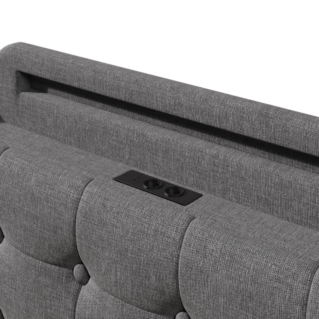 Letto matrimoniale imbottito 140x200 cm in lino grigio con LED; contenitore; USB e Type-C
