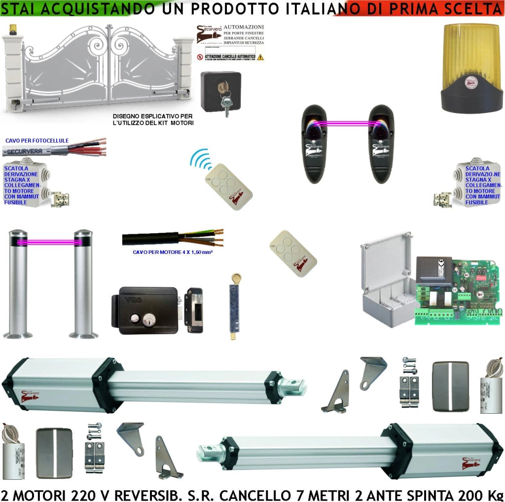 Cancello Elettrico da 7 Metri 2 Ante da 3,5 MT Kit Motori Elettromeccanici 230 V Reversibili Centrale 2 Coppie Fotocellule 2 Radiocomandi Faro Serratura Paletto Selettore 2 Scatole Fusibili 2 Cavi
