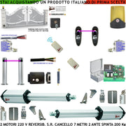 Cancello Elettrico da 7 Metri 2 Ante da 3,5 MT Kit Motori Elettromeccanici 230 V Reversibili Centrale 2 Coppie Fotocellule 2 Radiocomandi Faro Serratura Paletto Selettore 2 Scatole Fusibili 2 Cavi