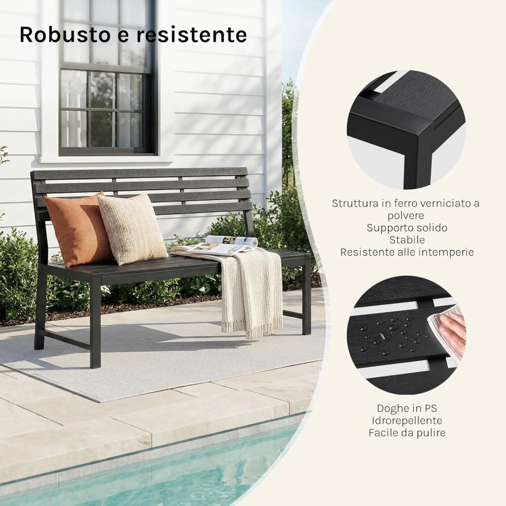 Panca da Giardino 115x55x85 cm, Panchina da Esterno con Schienale Senza Braccioli, 2-3 Posti, Struttura in Metallo, Resistente alle Intemperie, Portata 280 kg, per Cortile, Terrazza, Prato, Nero