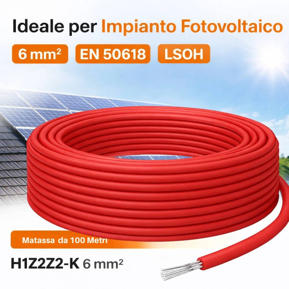 Cavo solare unipolare rosso flessibile 6 mm² per impianti fotovoltaici *** lunghezza metri 100, confezione 1