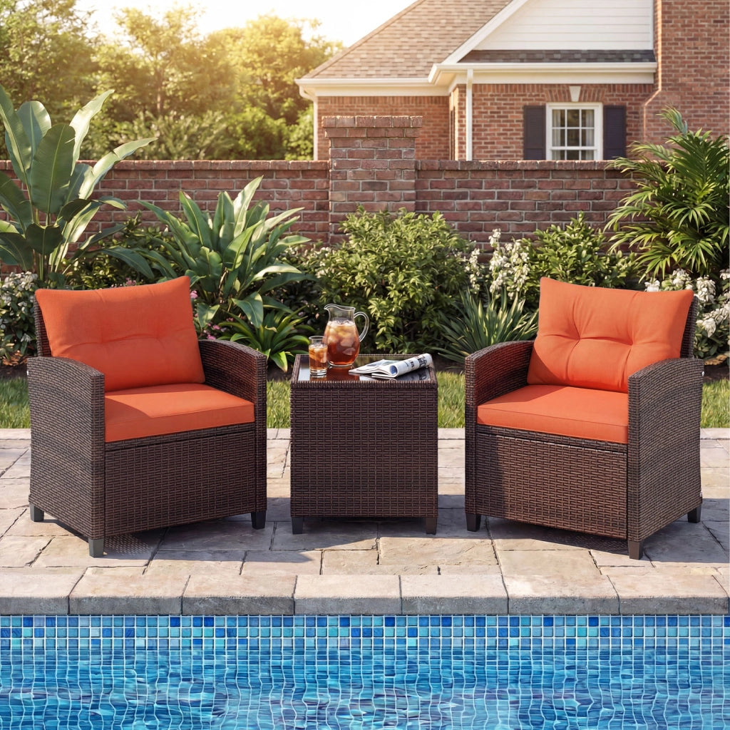 Set di 3 mobili da patio con 4 cuscini rimovibili, Set di 2 sedie e 1 tavolino in rattan con piano in vetro Arancione