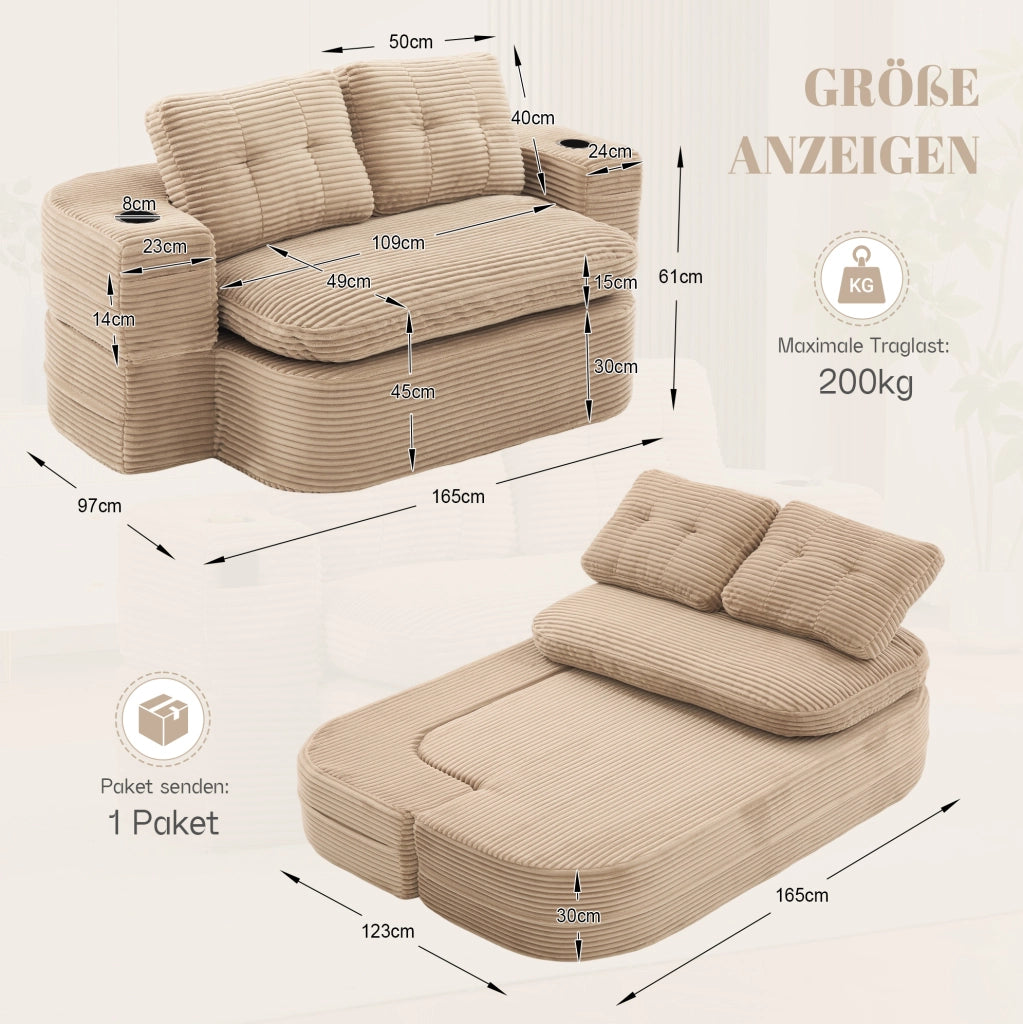 Poltrona letto 2 in 1 in velluto a coste kaki con portabevande
