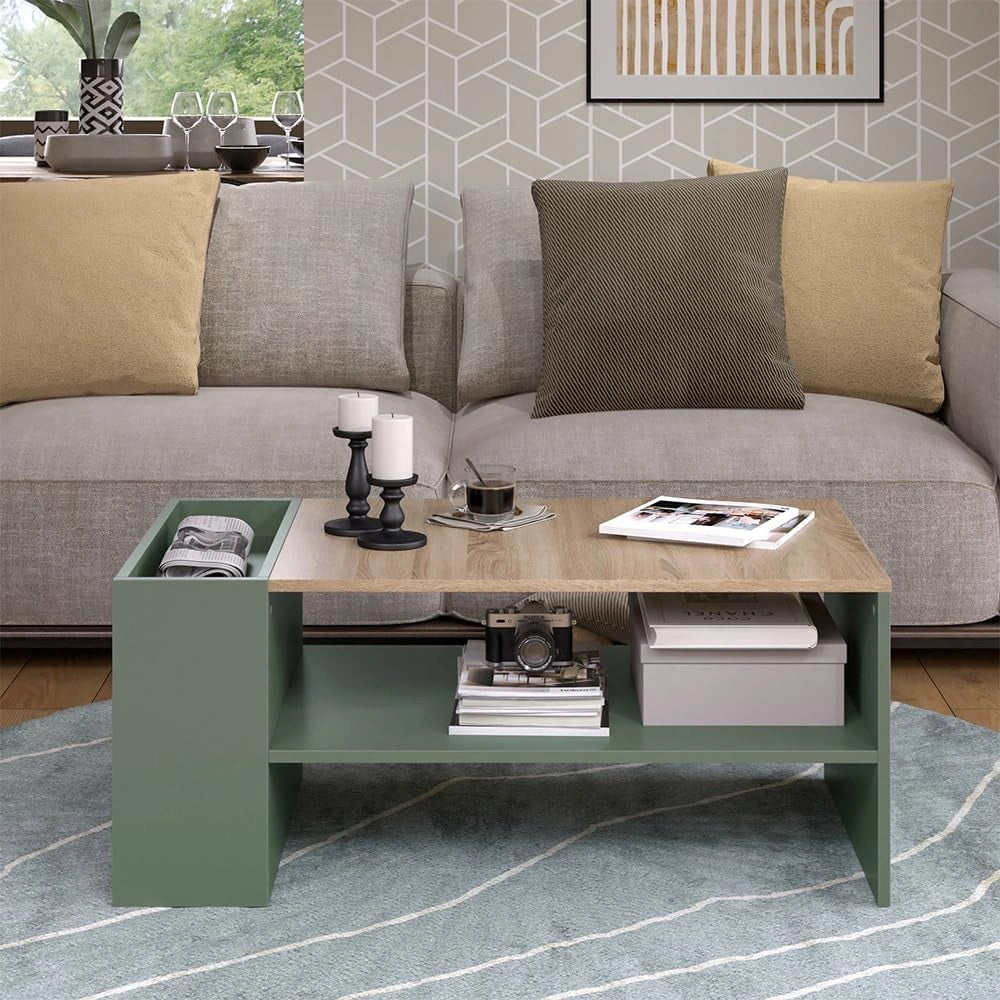 Tavolino da salotto Wido, Verde, 100 x 55 cm con ripiani, adatto per riporre riviste e telecomandi