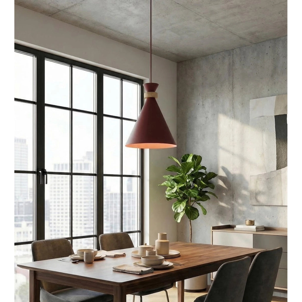 Lampada a sospensione Zero bordeaux con inserti in legno