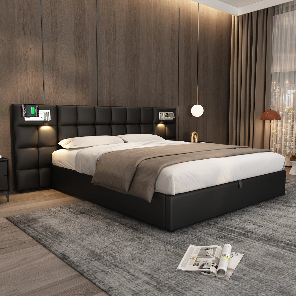 Letti contenitori 180x200 cm; sollevabile idraulico con USB e ricarica wireless; PU nero (Senza materasso)