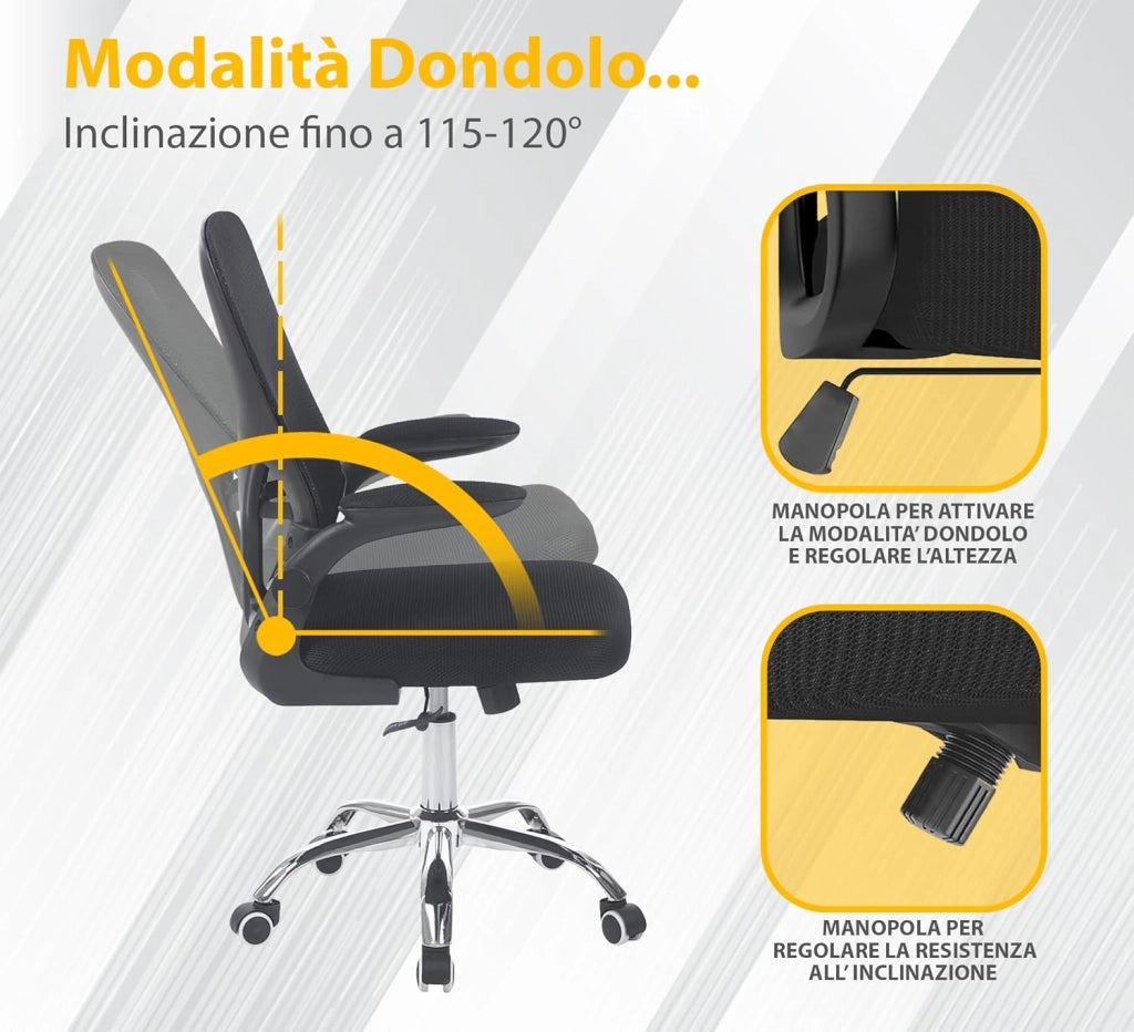 Sedia Da Ufficio Con Supporto Lombare, Poltrona Scrivania Ergonomica Braccioli Regolabili Altezza Regolabile Schienale in Rete Traspirante,Oscillante con Ruote Girevoli Senza Poggiatesta