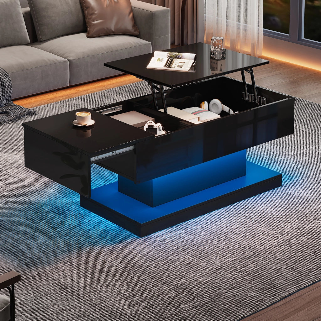 Tavolino da caff¨¨ moderno con sollevamento idraulico, piano scorrevole, LED e vano contenitore 100x50x45 cm nero