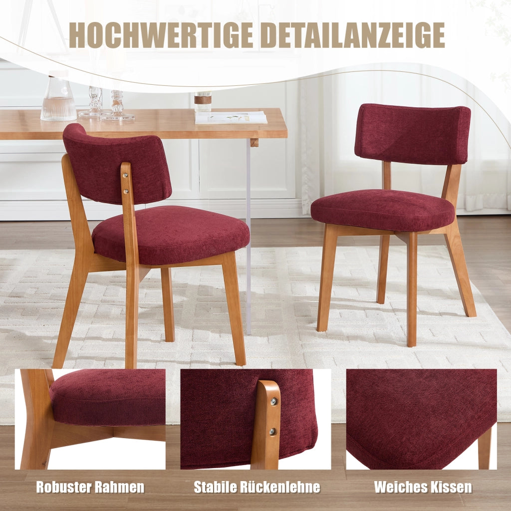 Chaise da pranzo in legno massiccio con seduta imbottita e schienale ergonomico bordeaux 54,5 × 47 × 77 cm