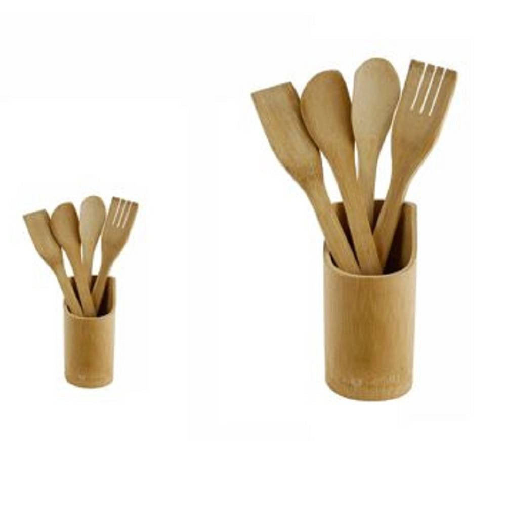 Trade Shop - Set 5 Pezzi Cucina Posate In Legno Cucinare Spatola Cucchiaio Forchetta 67374 -