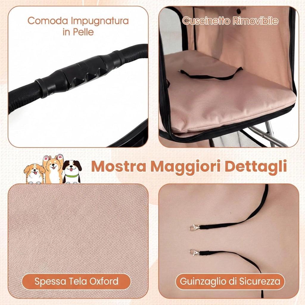 Passeggino per Cani Piccoli Pieghevole Facile, Carrozzina per Cani Portata Fino a 15 kg con Rete Traspirante e Copertura Impermeabile, Passeggino per Gatti per Viaggio (Beige)