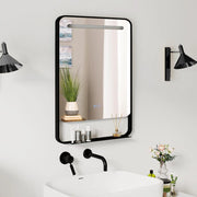 Specchio da Bagno LED 80 x 60 cm con Mensola, Specchio da Trucco con Cornice in Alluminio, Funzione Antiappannamento, 3 Colori di Luce e Luminosità Regolabile, Specchio da Parete