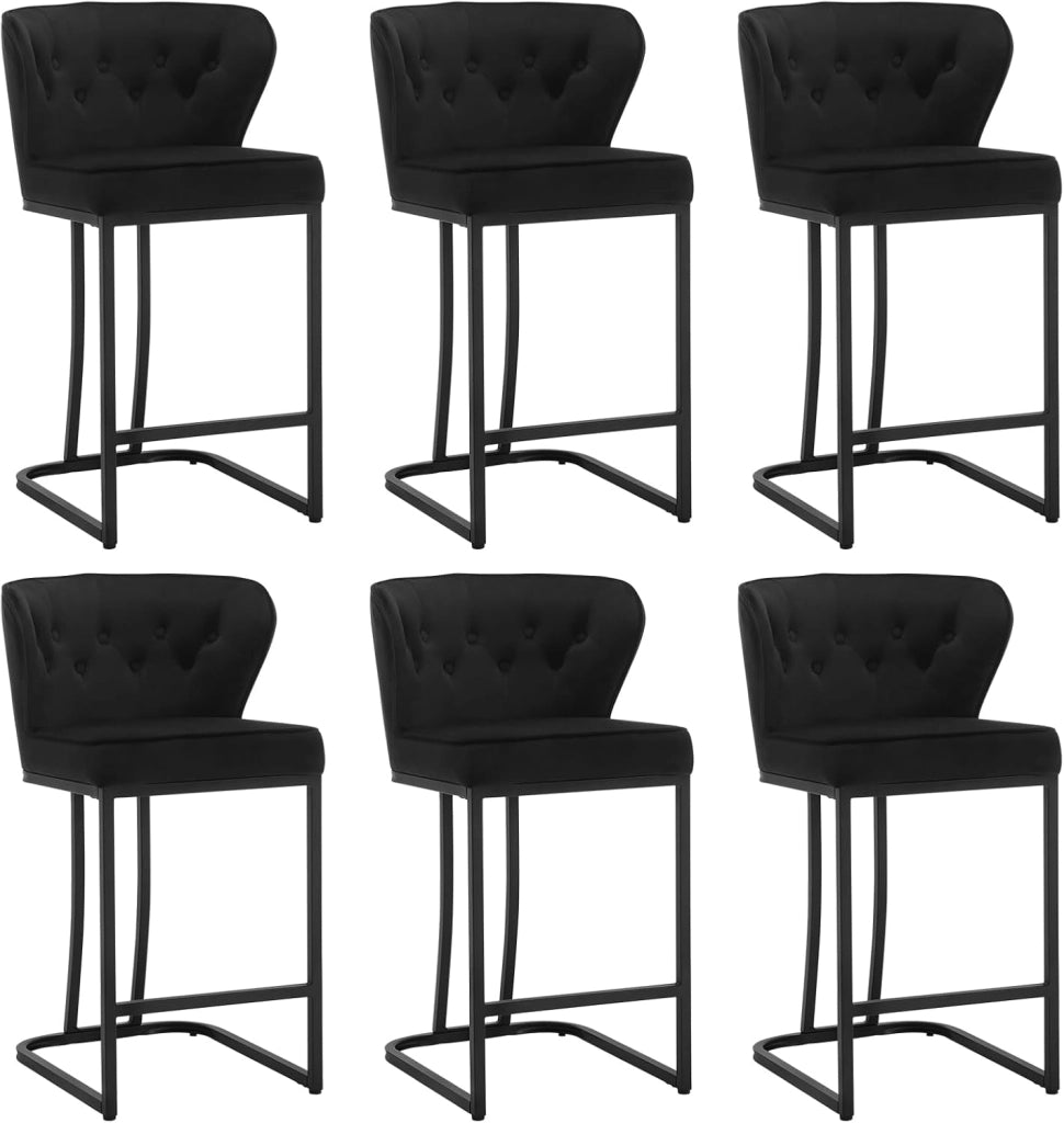 Set di 6 Sgabelli da Bar con Schienale, Sedie Sala da Pranzo con Poggiapiedi, Sedie Ergonomica per Cucina, Camera da Letto, Soggiorno, Sgabelli in Velluto e Gambe in Metallo, Nero, BH383sz-6