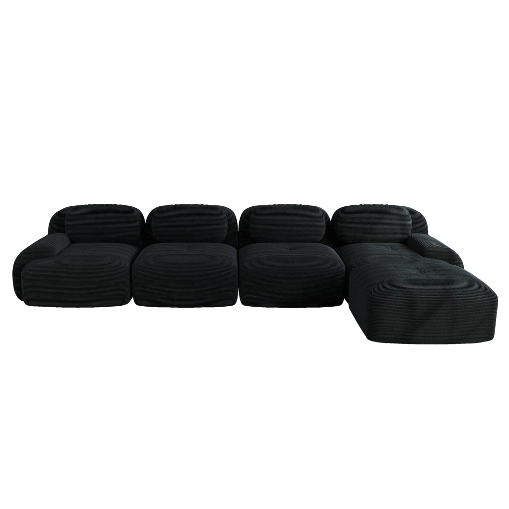Divano angolare modulare in velluto a coste; seduta ergonomica; braccioli curvi; senza montaggio; nero