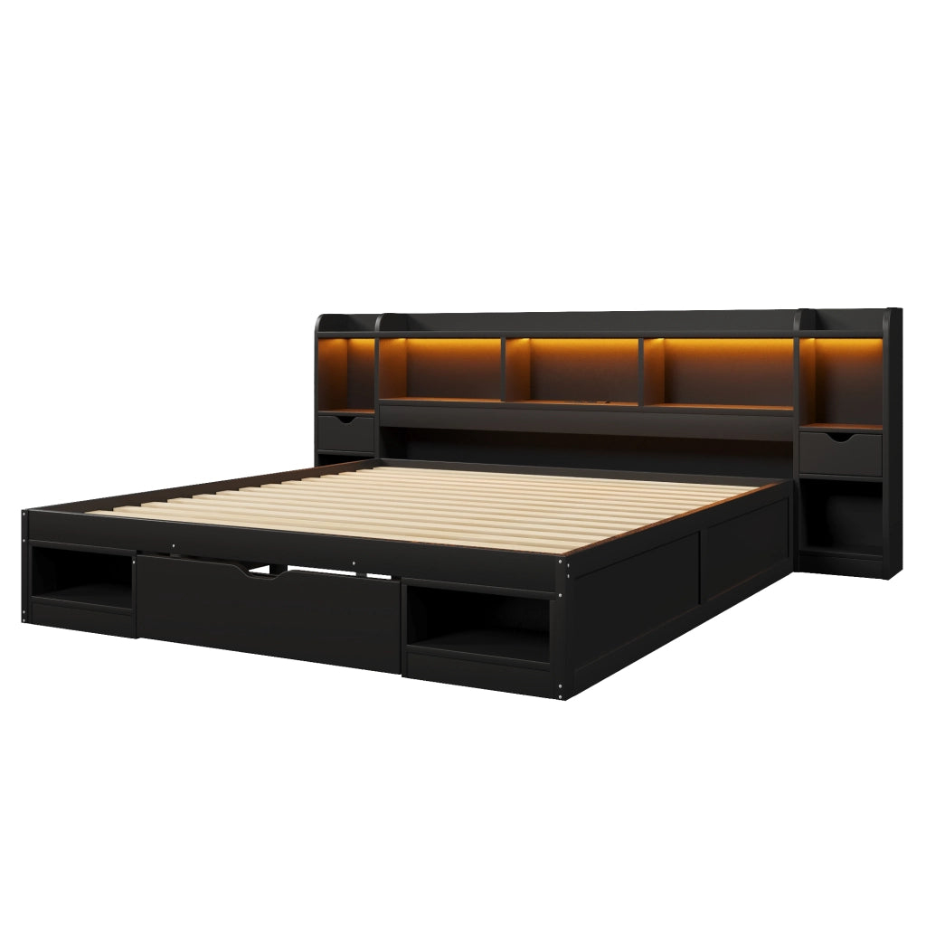 Letto contenitore 180x200 cm nero con testiera a scaffale; cassetti; LED e porta USB