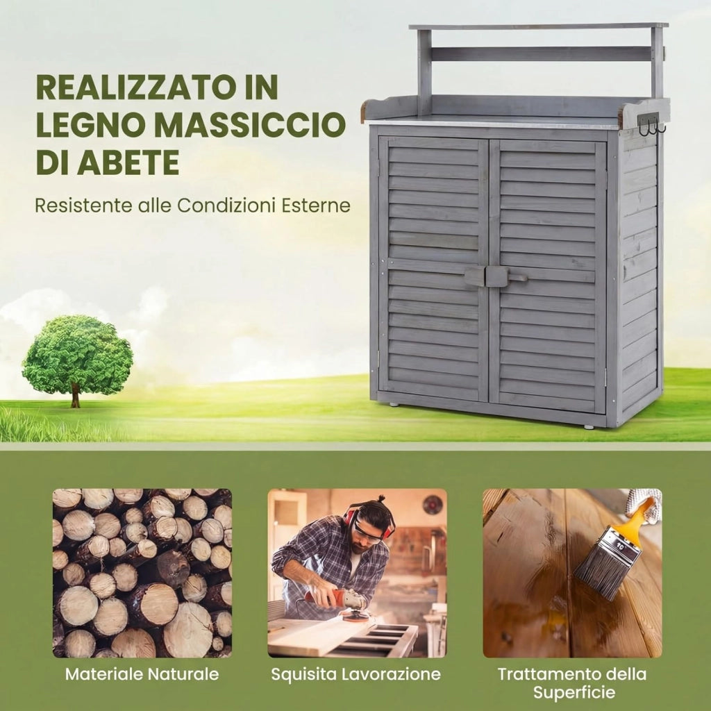 Armadietto da Esterno in Legno a 2 Livelli con Piano di Lavoro in Metallo Zincato, 3 Ganci Appendiabiti, Ripiani Rimovibili e Ante a Doghe, per Giardino, Balcone e Cortile (Grigio)