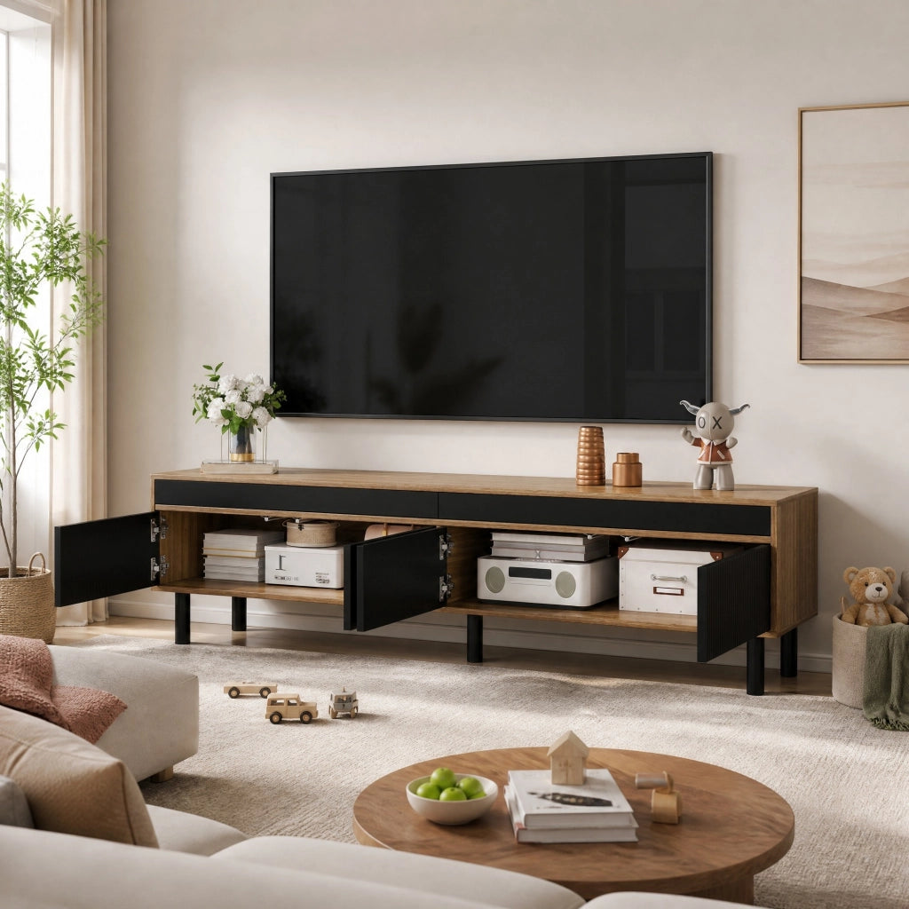 MOBILE TV con 4 ante 170 x 38 x 47,7 cm MDF e truciolare nero e naturale
