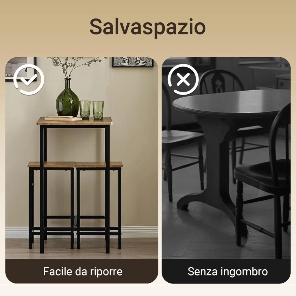 Set Tavolo da Bar Alto con 2 Sgabelli - Tavolo Salvaspazio per Cucina Piccola e Balcone, Stile Industriale Moderno - Tavolino Alto da Esterno per Giardino o Terrazzo OGT10-PF