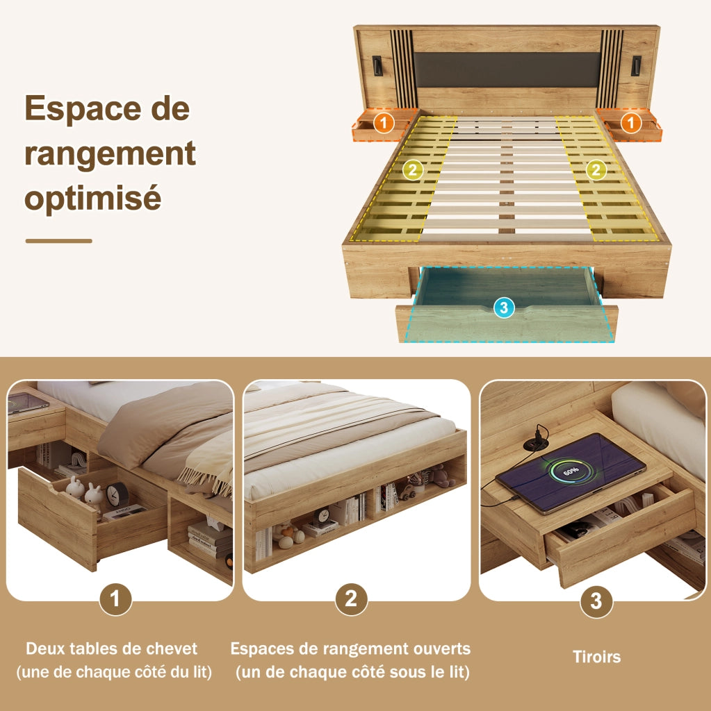 Letto matrimoniale 180x200 cm con contenitore; 2 comodini; luci orientabili; MDF; naturale