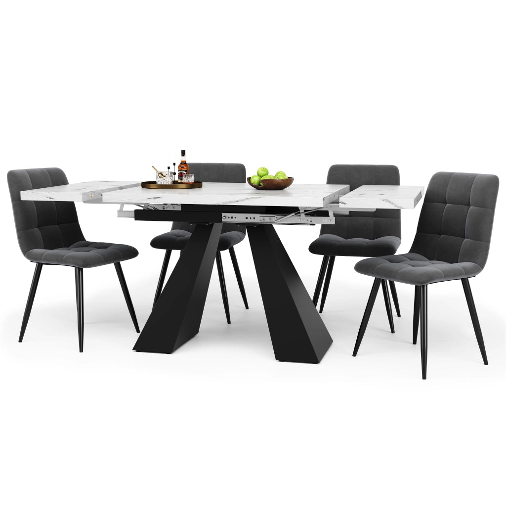 Set tavolo da pranzo e sedie con 1 tavolo allungabile e 4 sedie in MDF; metallo e velluto bianco e nero