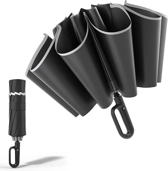 Paraplu da Viaggio - Facile da Ripiegare - Con Grilletto - Buona Presa - Resistente alla Pioggia, Neve e UV - 10 Righe - Paraplu Automatico con Veloce Ripiegamento - con Nastro Riflettente - Adatto a Uomini e Donne - Nero