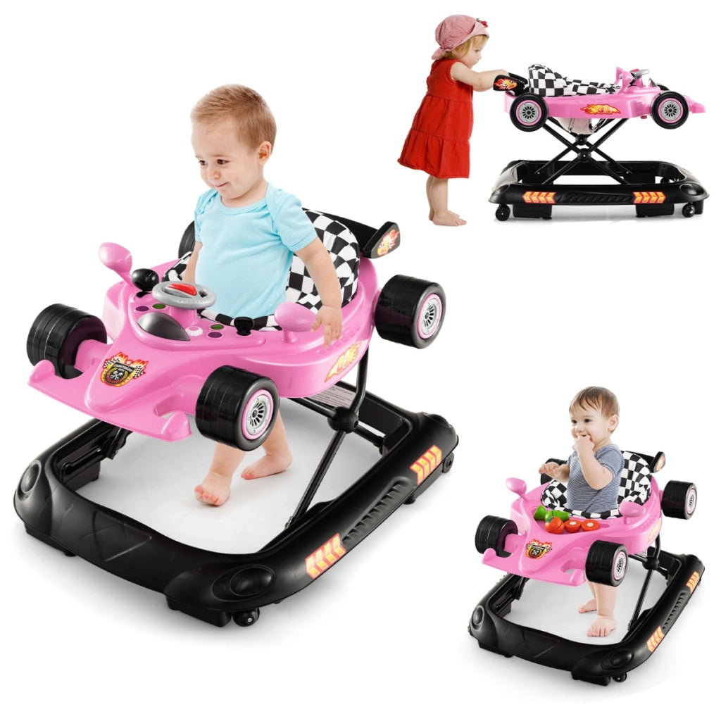 Girello per bambini pieghevole con altezza regolabile a 3 livelli vassoio rimovibile, Camminatore convertibile 4-in-1 Rosa-Primi passi