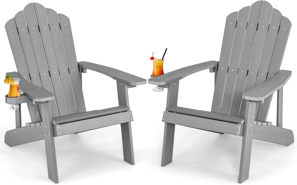 Sedia da Giardino Adirondack in HIPS, Sedia Adirondack con Portabicchieri, Poltrona da Esterno Resistente, per Giardino, Balcone, Piscina, Portata 150 kg (2, Grigio)