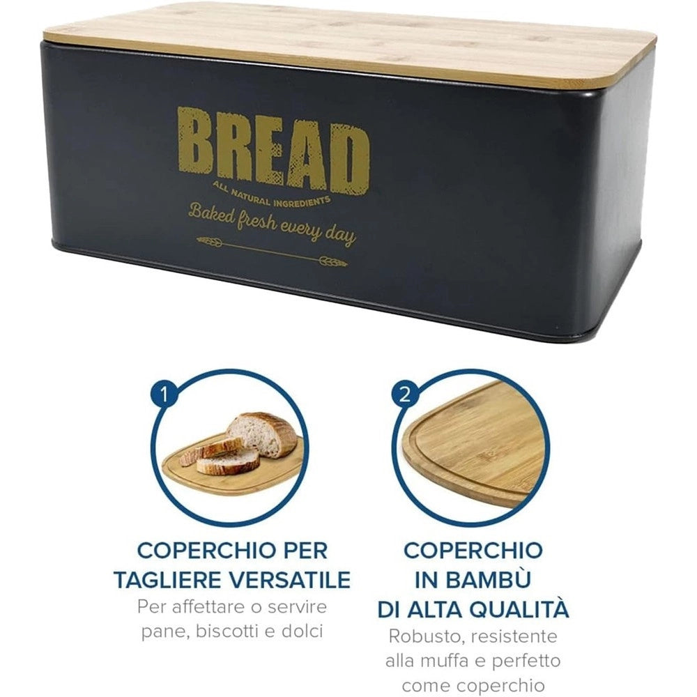 Trade Shop - Contenitore Portapane Vintage Nero Coperchio Tagliere In Legno Latta Alimenti -