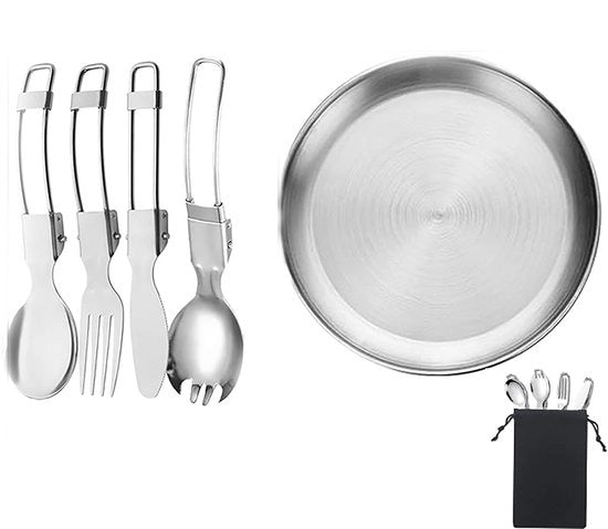 Campingbesteck da 6 pezzi - Flessibile - Acciaio Inox - Besteck da viaggio - Tasca per utensili - Resistente al lavastoviglie