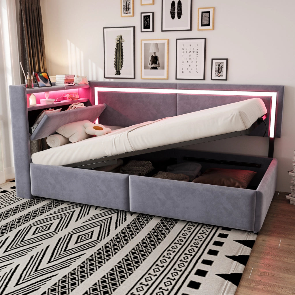 Divano letto imbottito con contenitore sotto il letto, LED e porte USB in velluto grigio chiaro 90 × 200 cm