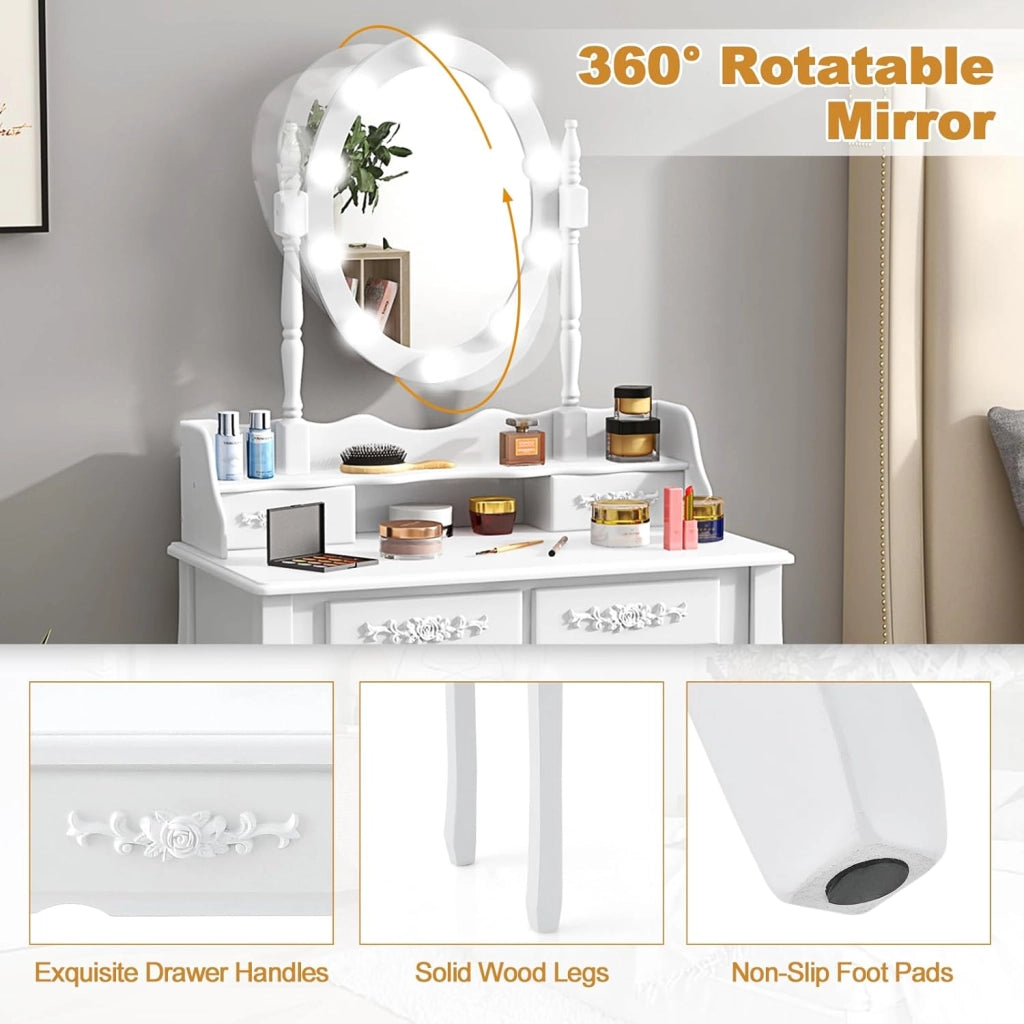 Tavolo da toeletta con specchio, 1 sgabello, specchio girevole a 360° con 10 LED, 3 colori di luce, tavolo da trucco con 4 cassetti, parte superiore mobile, tavolino in legno, bianco