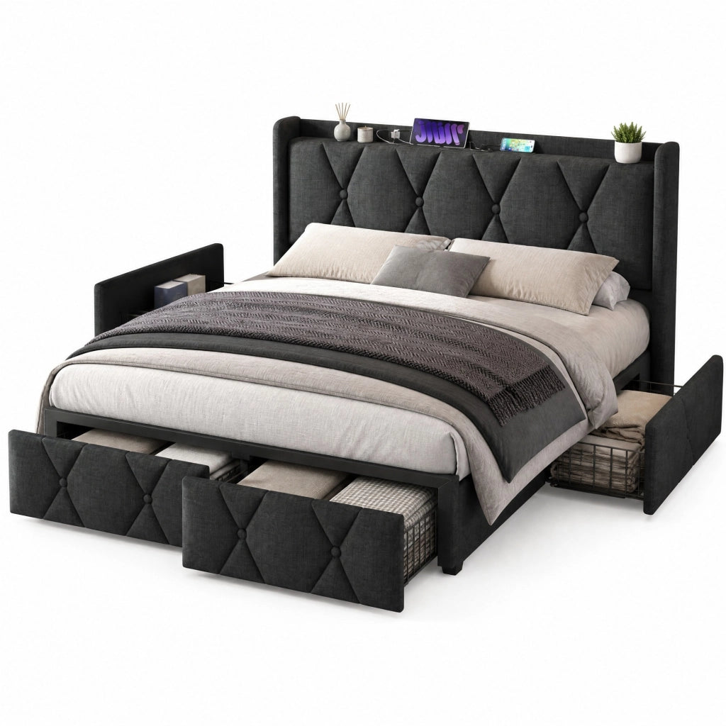 Letto 140x200 cm con 4 cassetti, 2 prese e 2 porte USB, rivestito in lino grigio